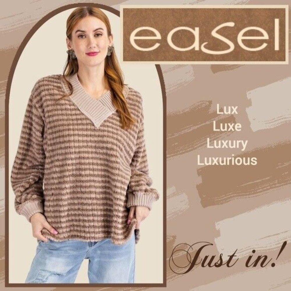 EASEL Size S-L LUX Soft V-Neck Sweater Top Statement V-Neck Side Slits Loose Fit